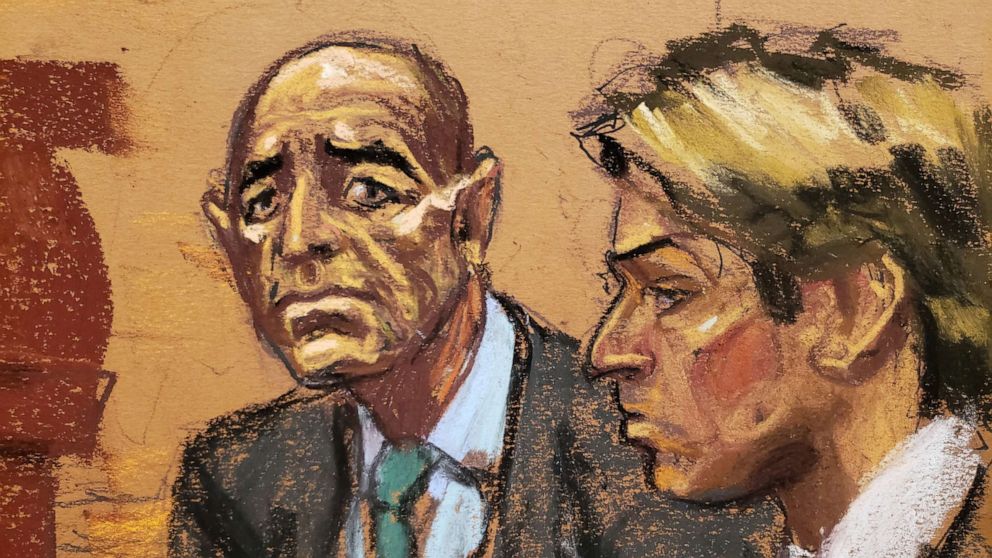 PHOTO: Defendants Tom Barrack and Matthew Grimes listen to the prosecutor during opening arguments in a courtroom sketch in New York, Sept. 21, 2022.