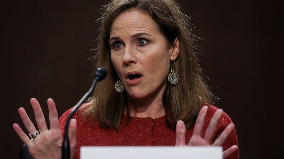 PHOTO: Supreme Court nominee Judge Amy Coney Barrett testifies before the Senate Judiciary Committee on the second day of her confirmation hearing on Capitol Hill, Oct. 13, 2020.