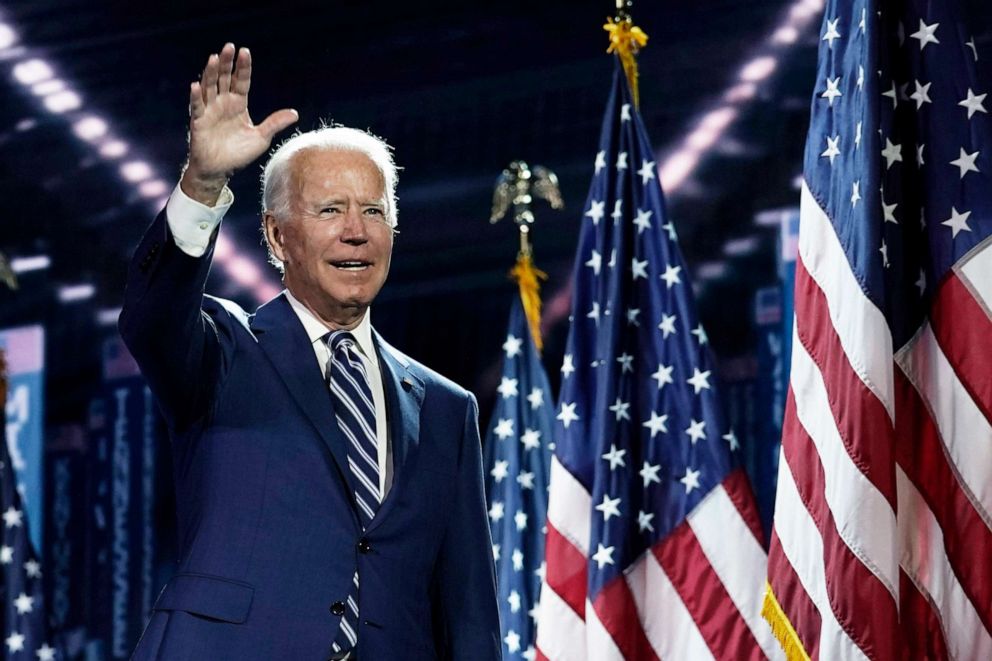 PHOTO: Democratic presidential candidate former Vice President Joe Biden stands on stage during the third day of the Democratic National Convention in Wilmington, Del., Aug. 19, 2020.