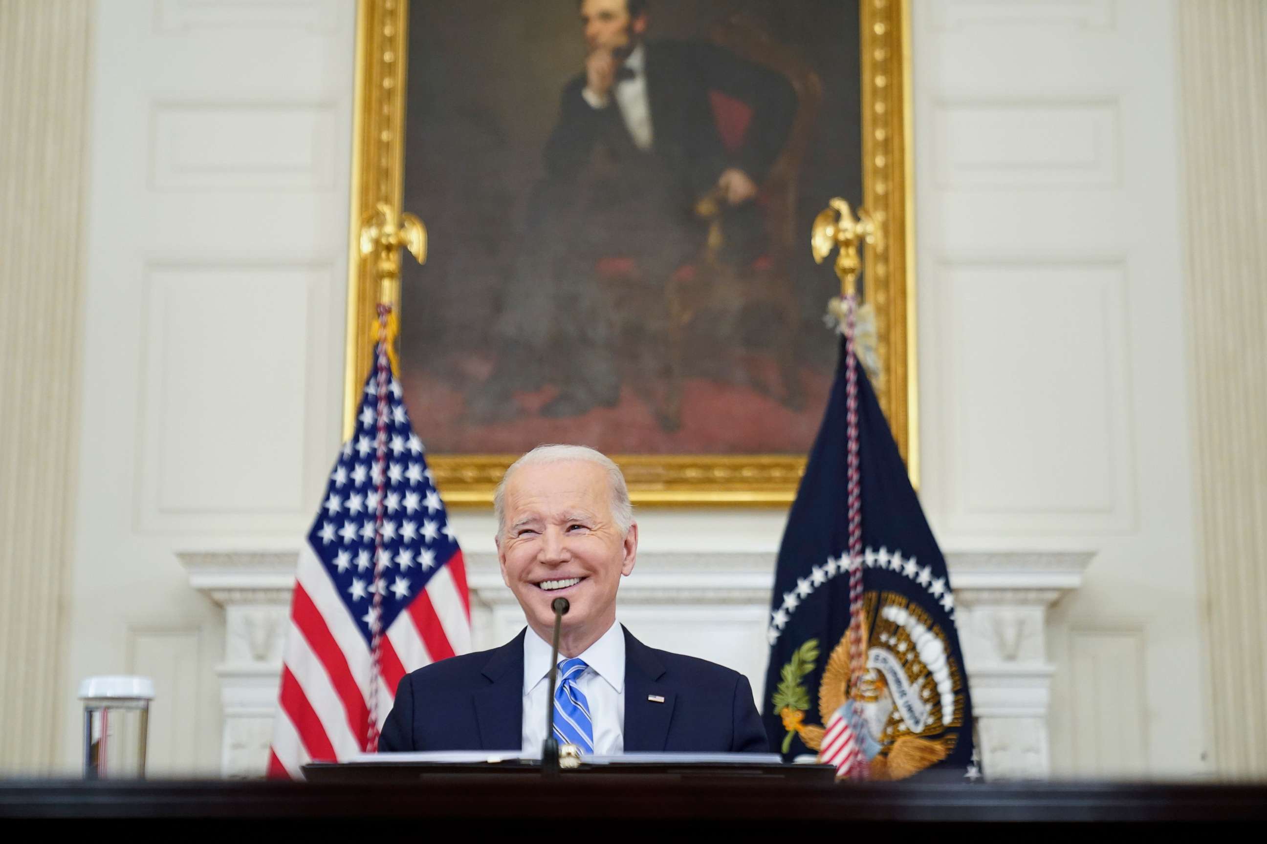 PHOTO: President Joe Biden speaks during a meeting with private sector CEOs about the economy in the State Dining Room of the White House, Jan. 26, 2022.