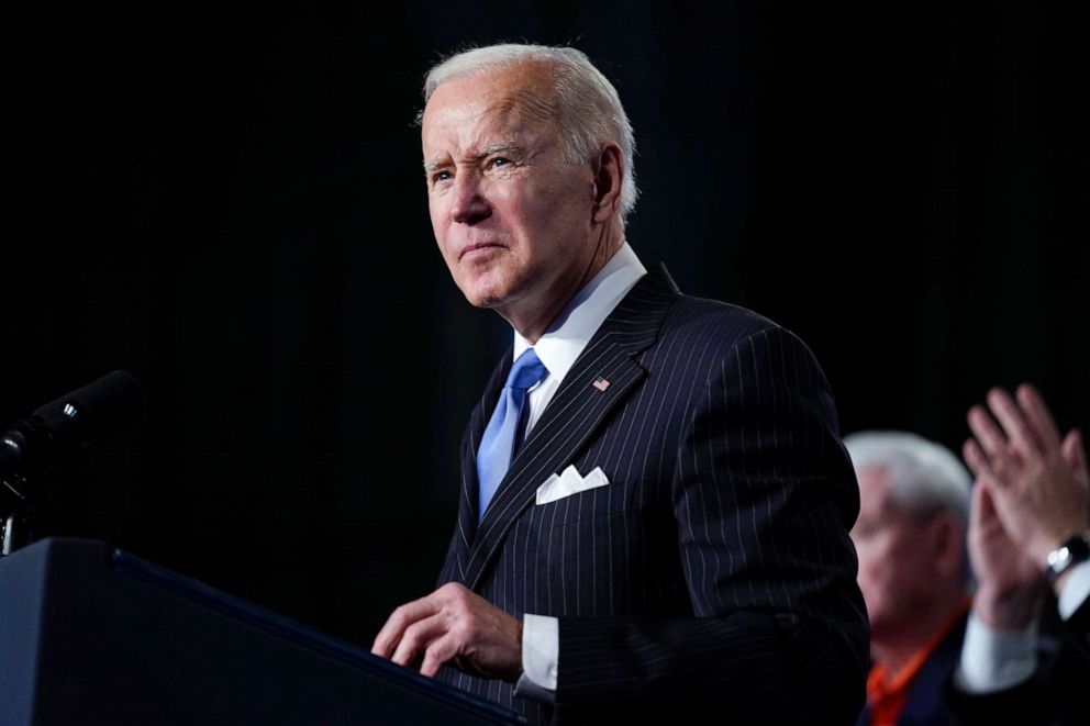 PHOTO: President Joe Biden speaks about the war in Ukraine at the North America's Building Trades Unions (NABTU) Legislative Conference at the Washington Hilton in Washington, D.C., April 6, 2022. 