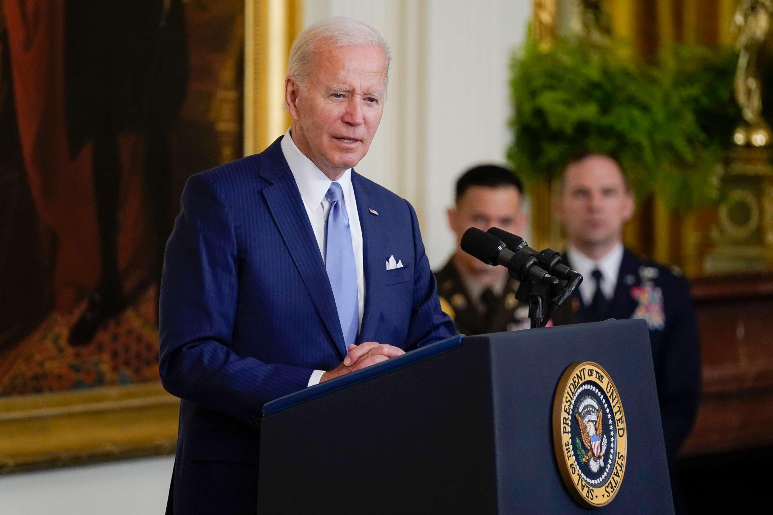 PHOTO: President Joe Biden speaks during a Medal of Honor ceremony in the East Room of the White House, July 5, 2022.