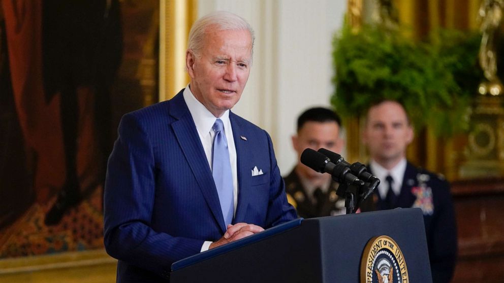 PHOTO: President Joe Biden speaks during a Medal of Honor ceremony in the East Room of the White House, July 5, 2022.