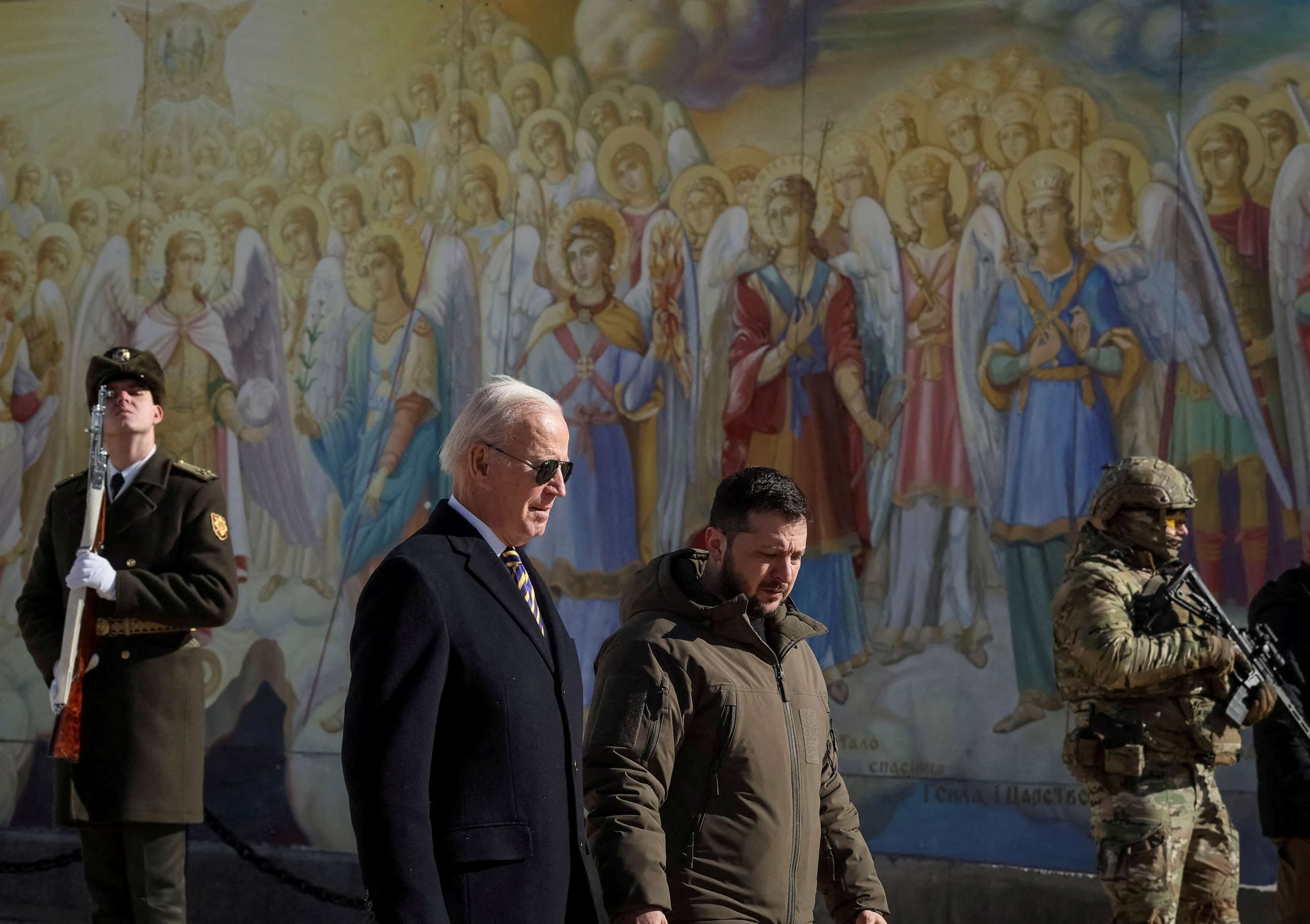 PHOTO: President Joe Biden and Ukraine's President Volodymyr Zelenskyy walk next to Saint Michael's cathedral, amid Russia's attack on Ukraine, in Kyiv, Ukraine, Feb. 20, 2023.