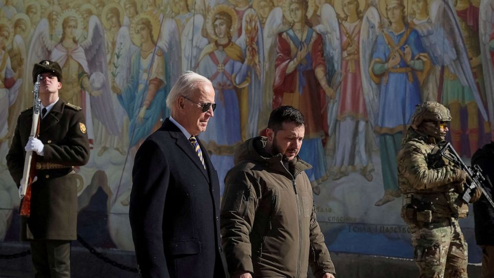 PHOTO: President Joe Biden and Ukraine's President Volodymyr Zelenskyy walk next to Saint Michael's cathedral, amid Russia's attack on Ukraine, in Kyiv, Ukraine, Feb. 20, 2023.