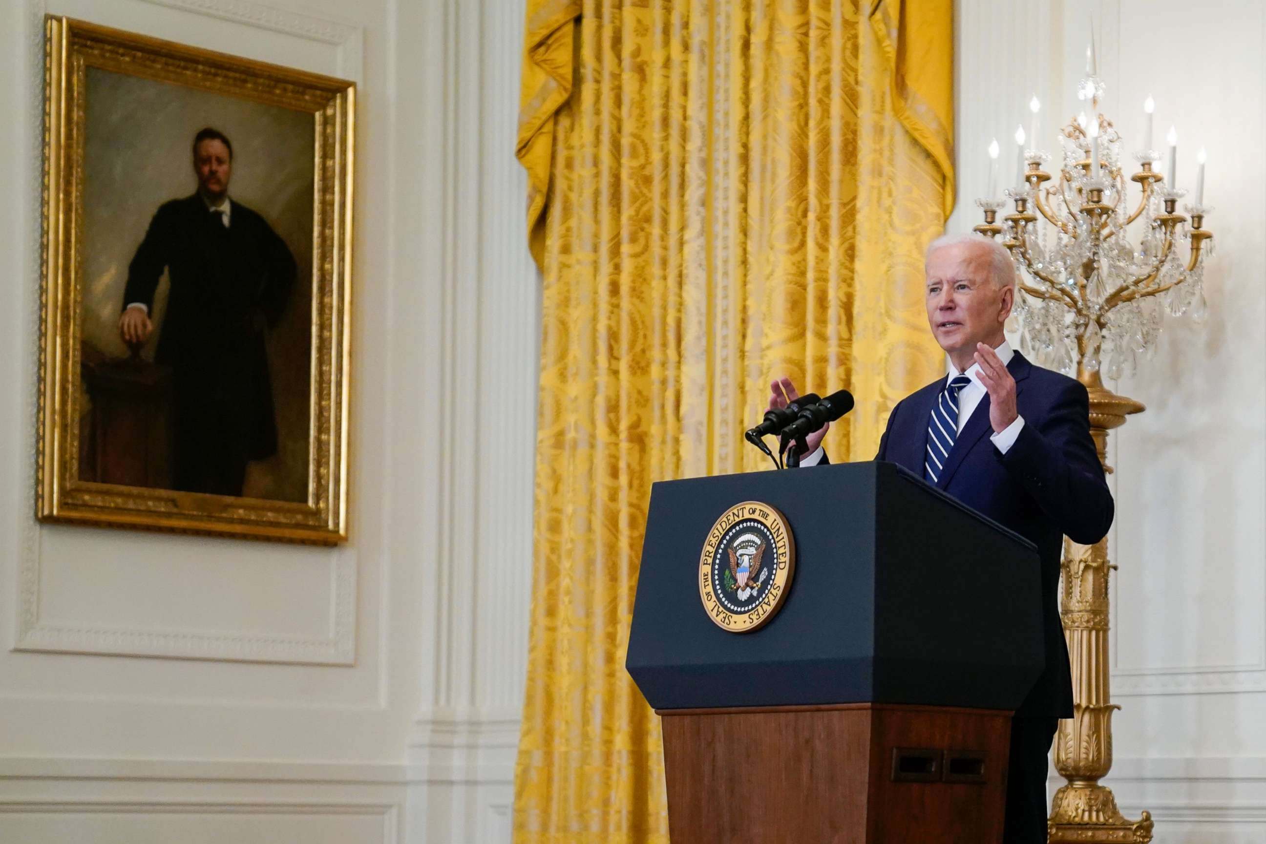 PHOTO: President Joe Biden speaks during a news conference in the East Room of the White House, March 25, 2021.