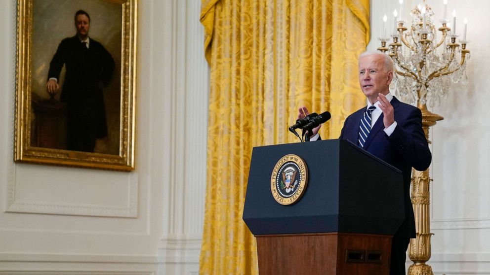 PHOTO: President Joe Biden speaks during a news conference in the East Room of the White House, March 25, 2021.