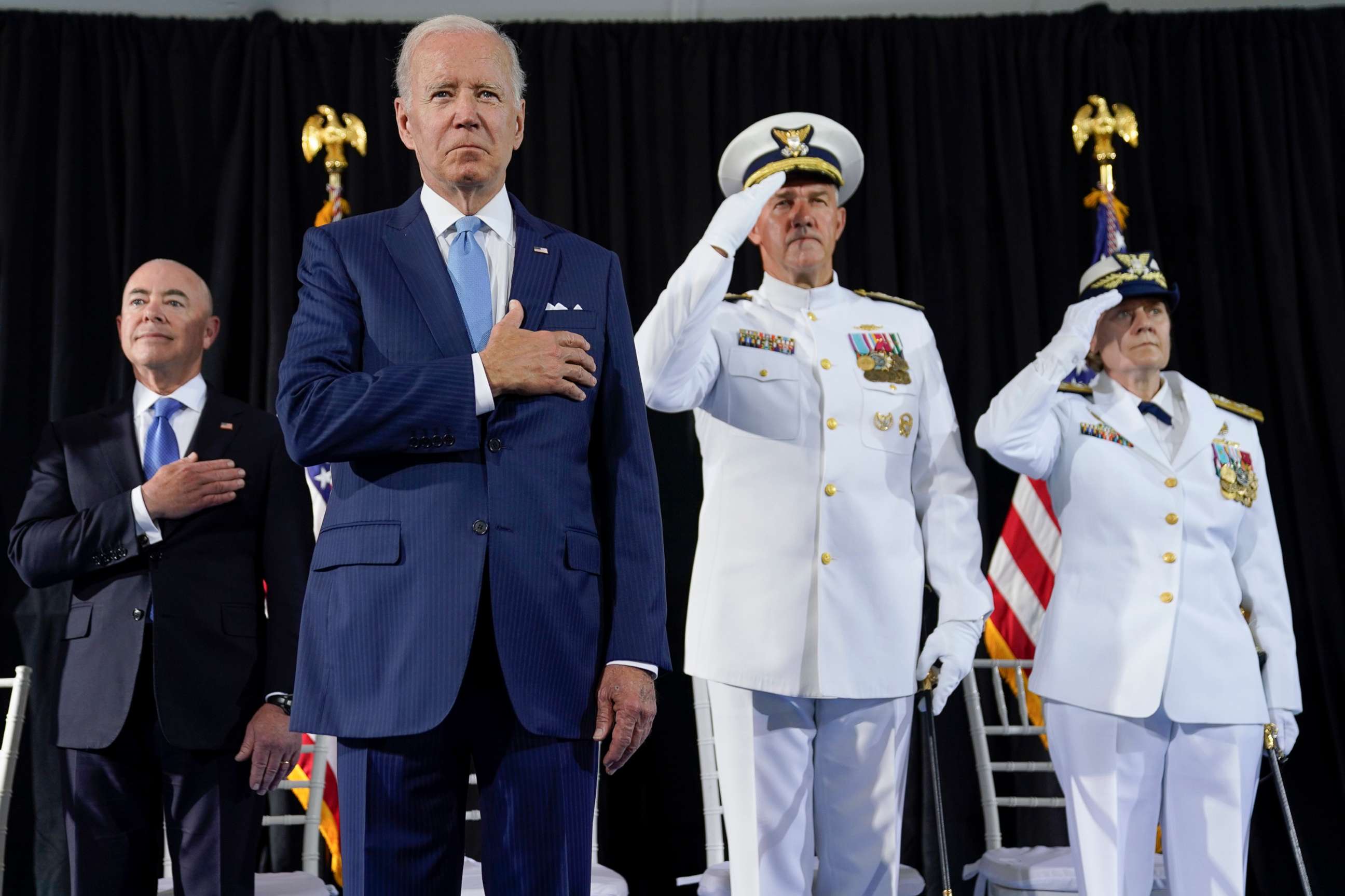 PHOTO: President Joe Biden participates in a change of command ceremony at U.S. Coast Guard headquarters, June 1, 2022, in Washington, D.C. 