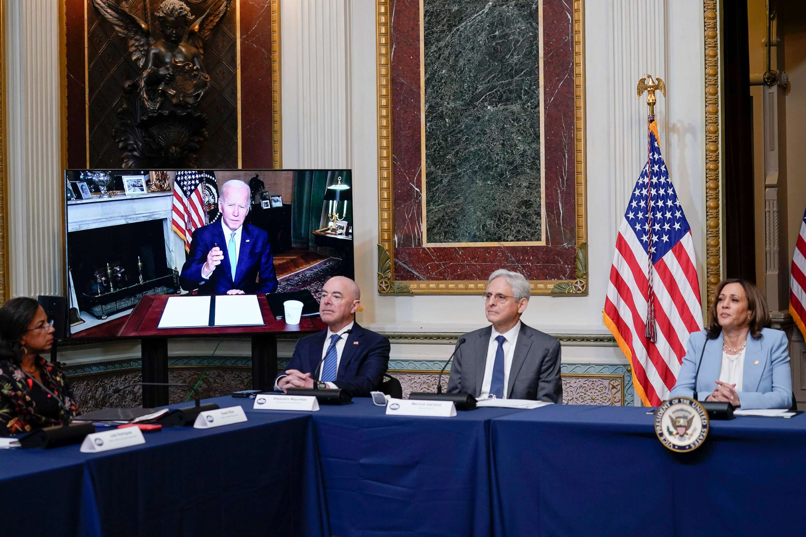 PHOTO: President Joe Biden speaks virtually during the first meeting of the interagency Task Force on Reproductive Healthcare Access at the White House complex in Washington, D.C., Aug. 3, 2022. 