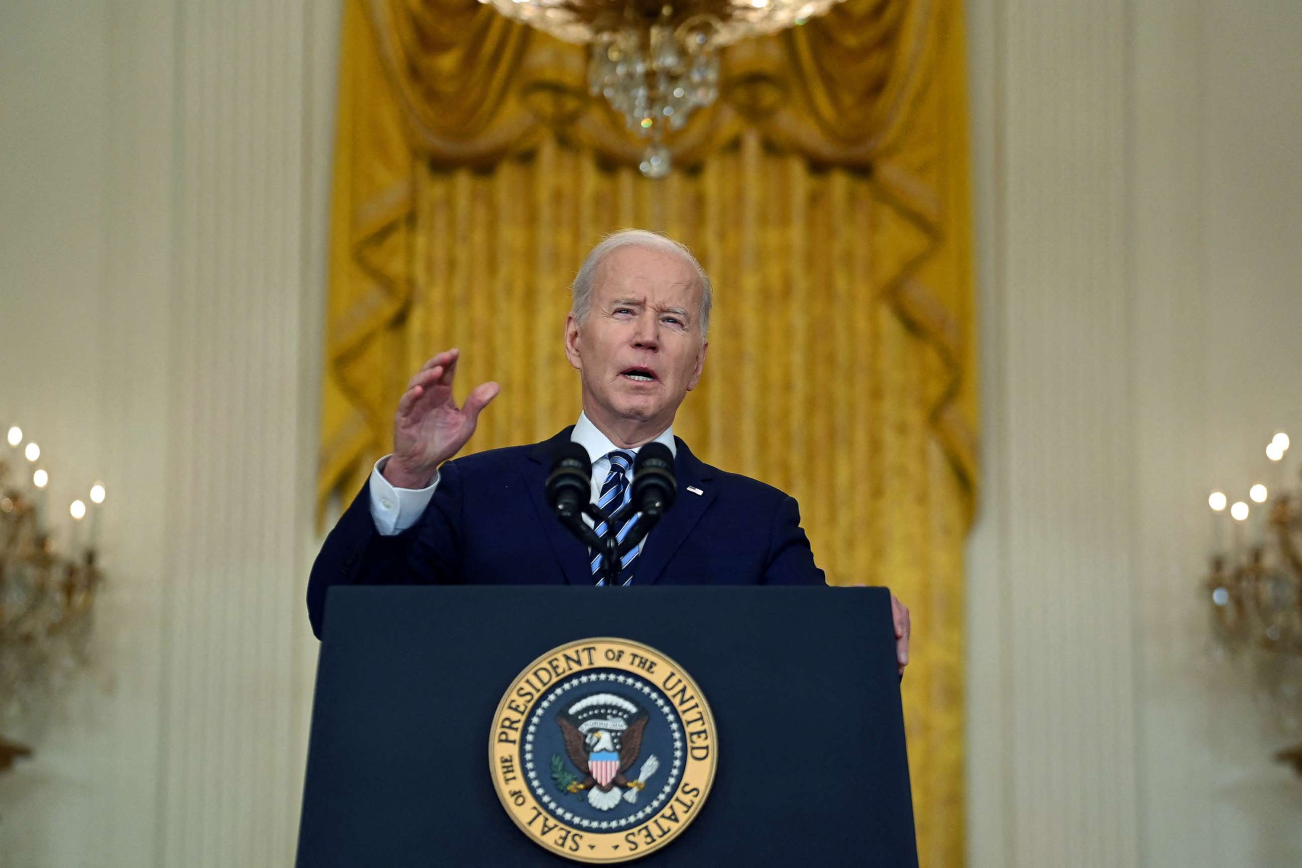 PHOTO: President Joe Biden addresses the Russian invasion of Ukraine, from the East Room of the White House, Feb. 24, 2022.