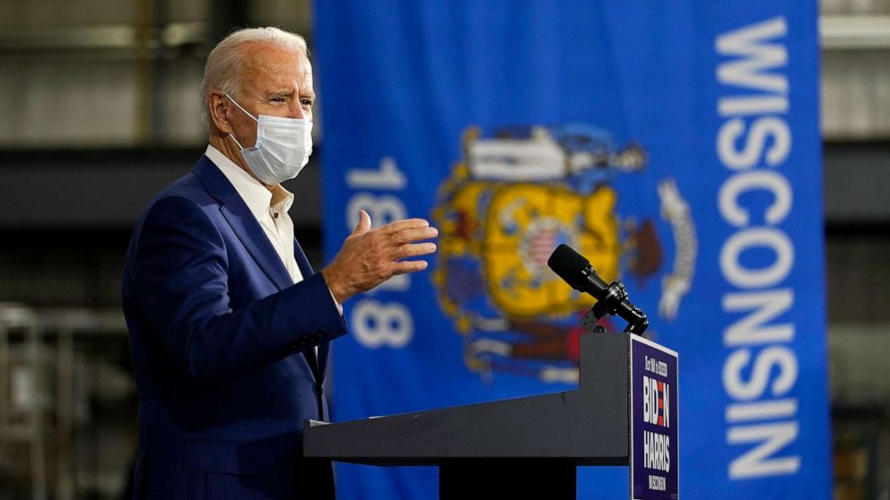 PHOTO: Democratic presidential candidate and former Vice President Joe Biden speaks at Wisconsin Aluminum Foundry in Manitowoc, Wis., Sept. 21, 2020.