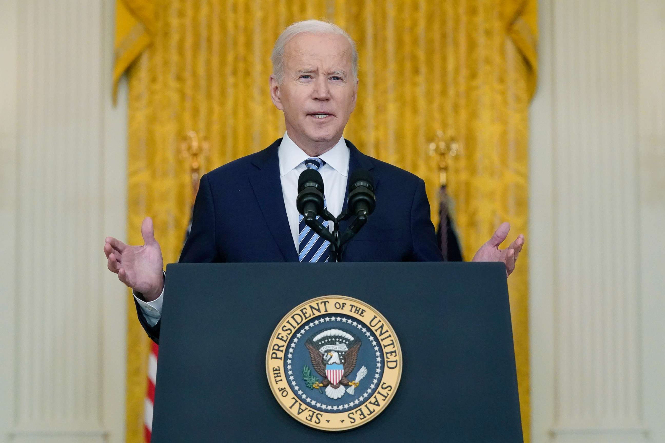 PHOTO: President Joe Biden speaks about the Russian invasion of Ukraine in the East Room of the White House, Feb. 24, 2022.