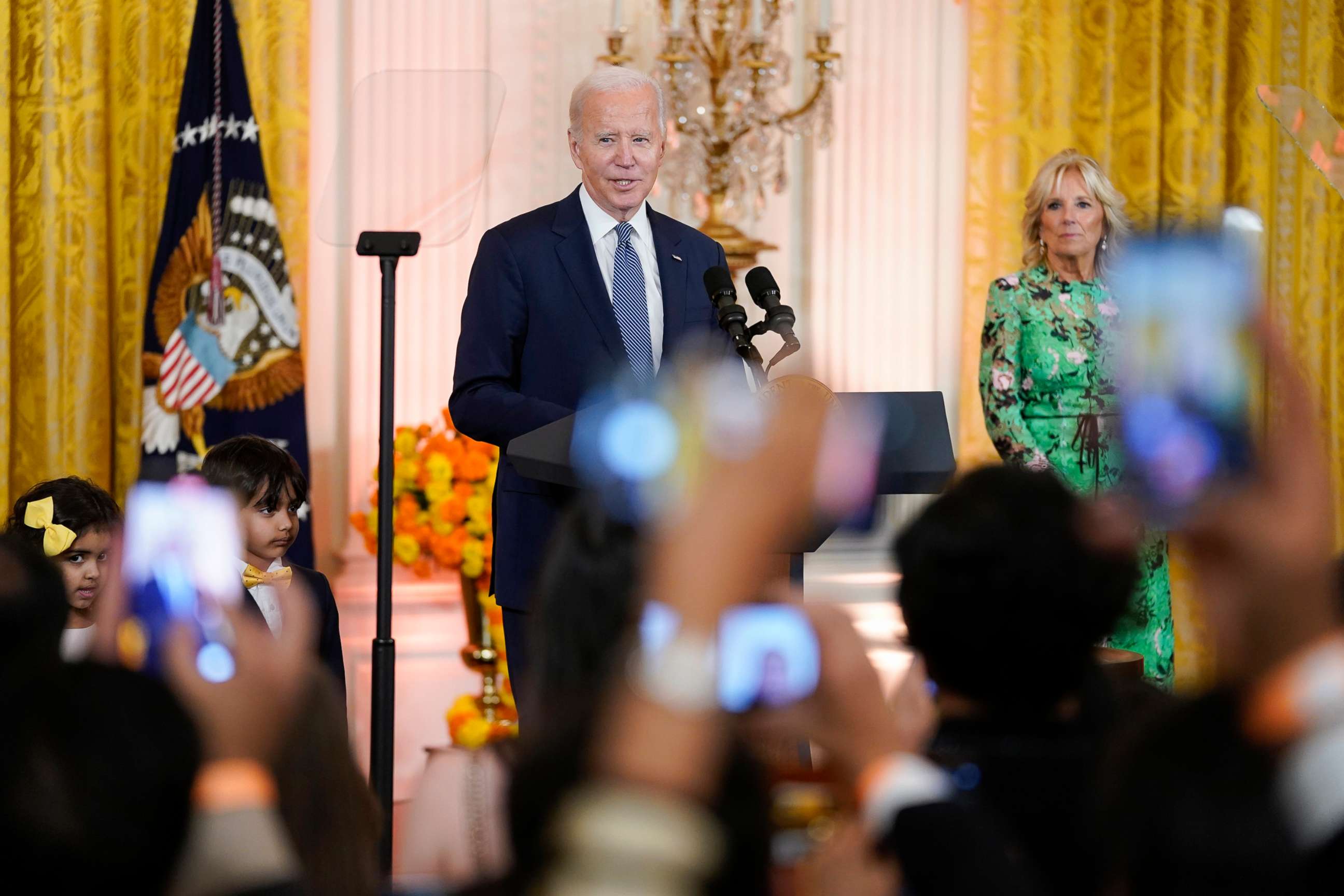 PHOTO: President Joe Biden speaks after inviting two children on stage during an event to celebrate Diwali, in the East Room of the White House, Oct. 24, 2022.