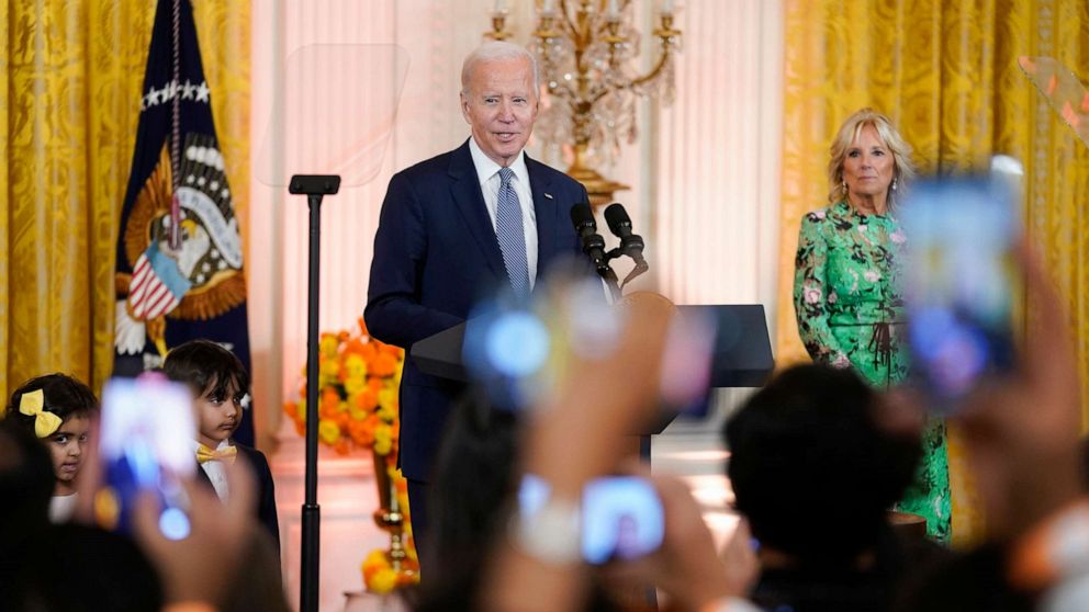 PHOTO: President Joe Biden speaks after inviting two children on stage during an event to celebrate Diwali, in the East Room of the White House, Oct. 24, 2022.