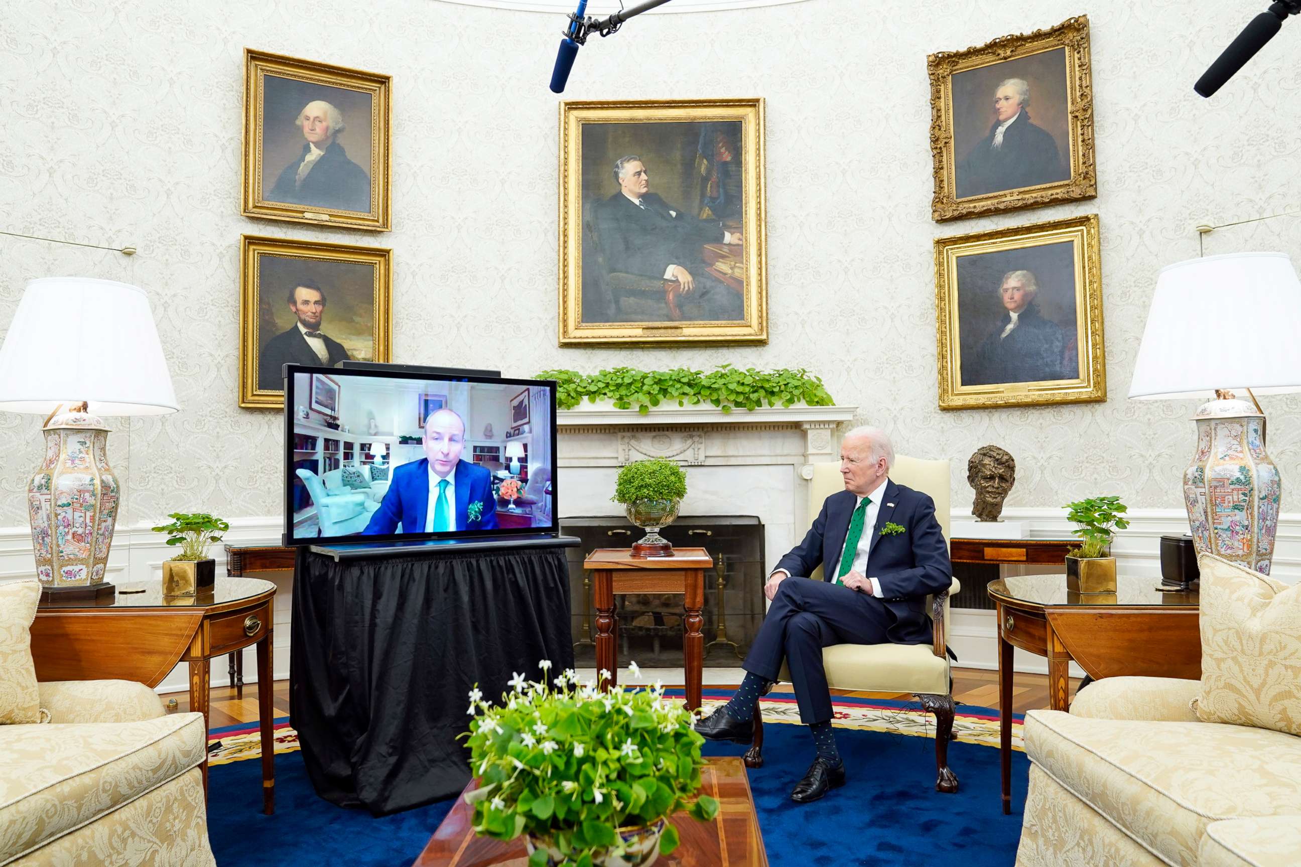 PHOTO: President Joe Biden meets virtually with Irish Prime Minister Micheal Martin in the Oval Office of the White House, March 17, 2022.