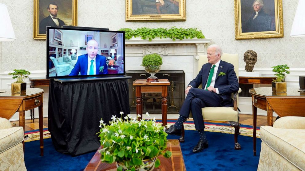 PHOTO: President Joe Biden meets virtually with Irish Prime Minister Micheal Martin in the Oval Office of the White House, March 17, 2022.
