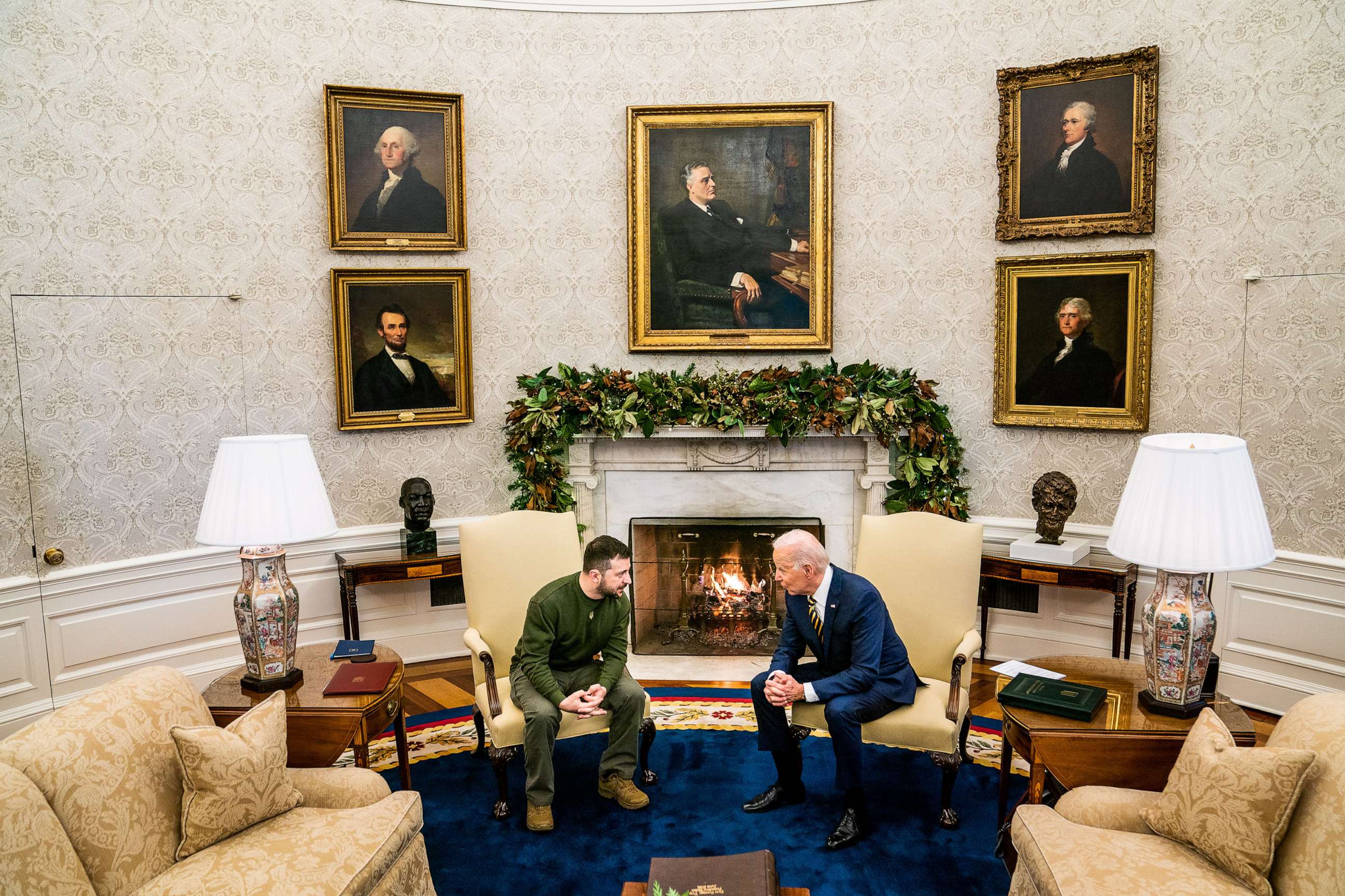 PHOTO: President Joe Biden and President of Ukraine Volodymyr Zelenskyy speak in the Oval Office of the White House, Dec. 21, 2022.