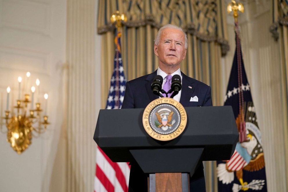 PHOTO: President Joe Biden delivers remarks on racial equity, in the State Dining Room of the White House, Jan. 26, 2021.