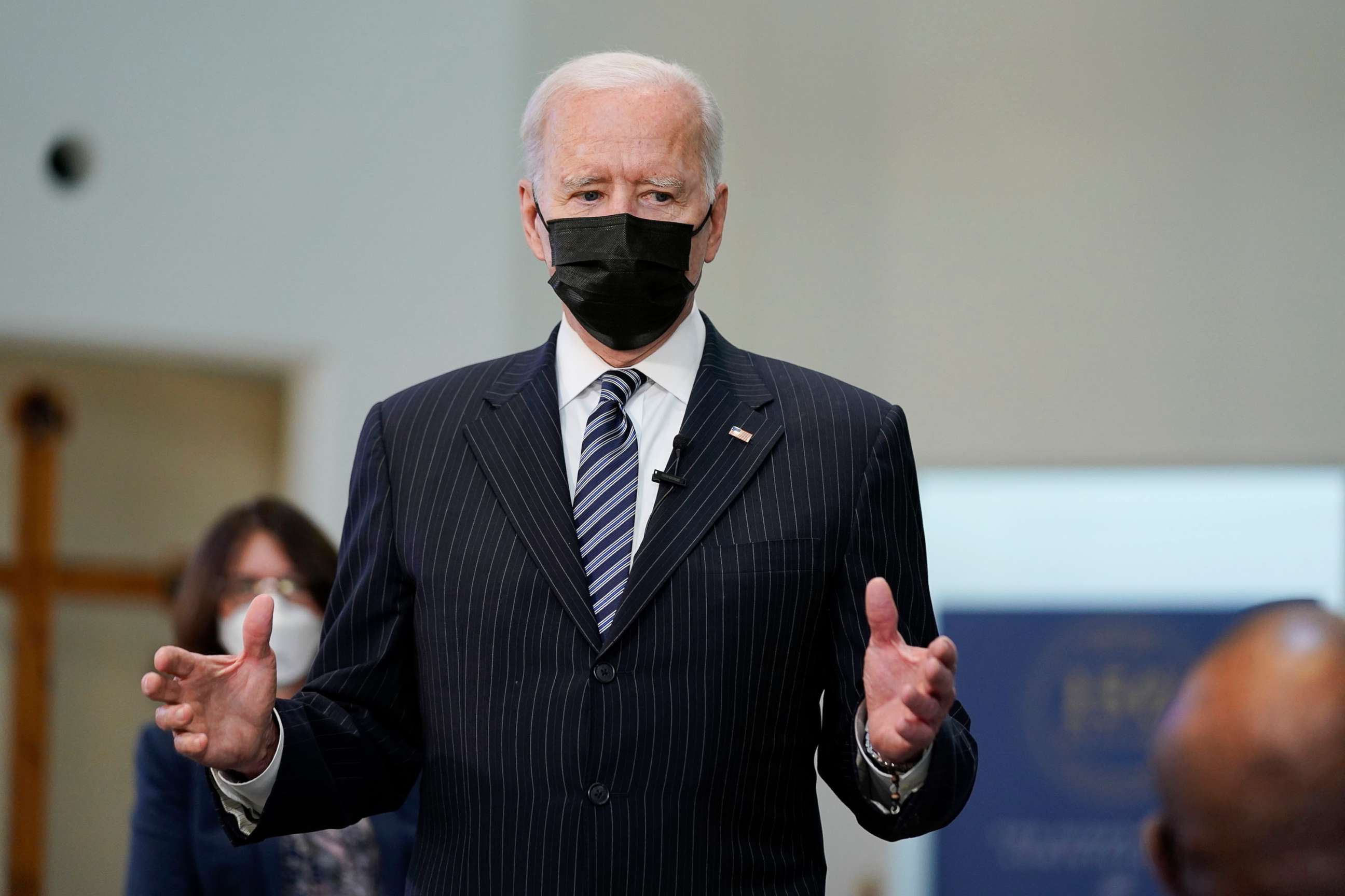 PHOTO: President Joe Biden visits a vaccination site at Virginia Theological Seminary, April 6, 2021, in Alexandria, Va. 