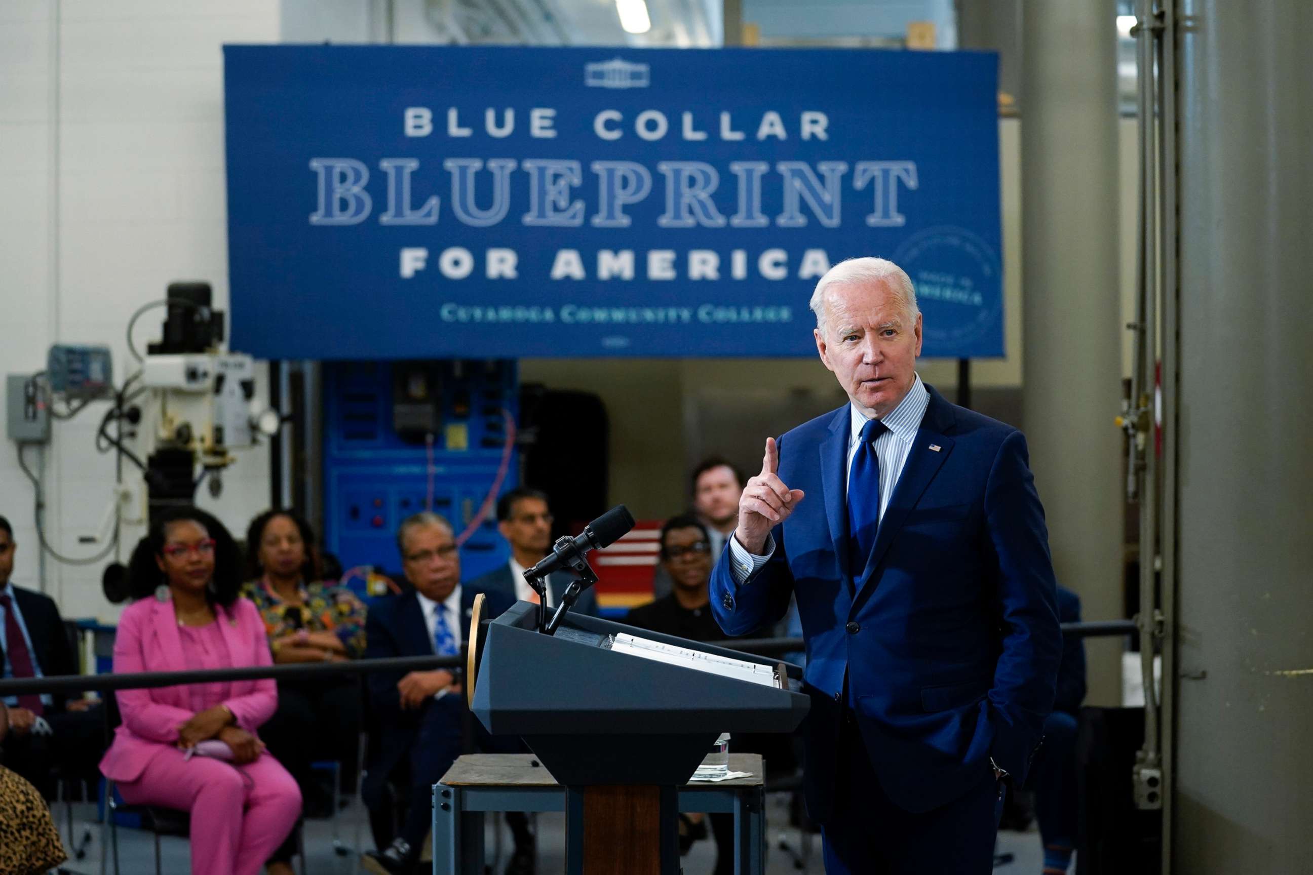 PHOTO: President Joe Biden delivers remarks on the economy at the Cuyahoga Community College Metropolitan Campus, May 27, 2021, in Cleveland.