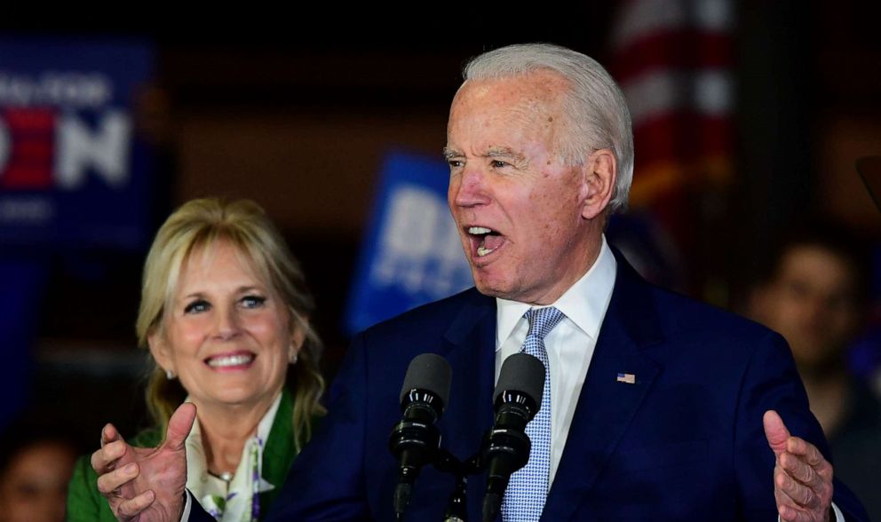 PHOTO: Democratic presidential hopeful former Vice President Joe Biden accompanied by his wife Jill Biden, speaks during a Super Tuesday event in Los Angeles on March 3, 2020.