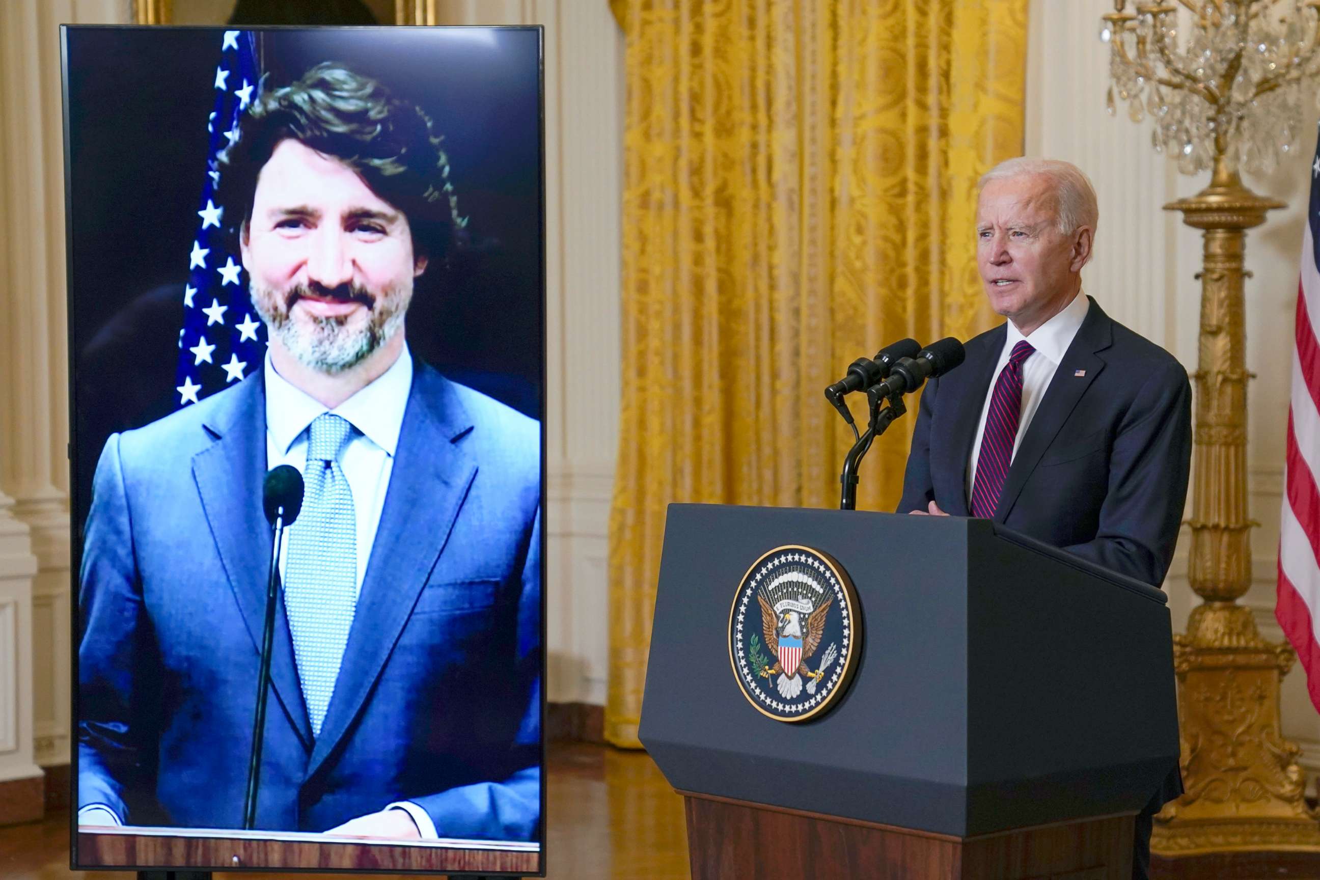 PHOTO: President Joe Biden speaks after holding a virtual meeting with Canadian Prime Minister Justin Trudeau, in the East Room of the White House, Feb. 23, 2021. 
