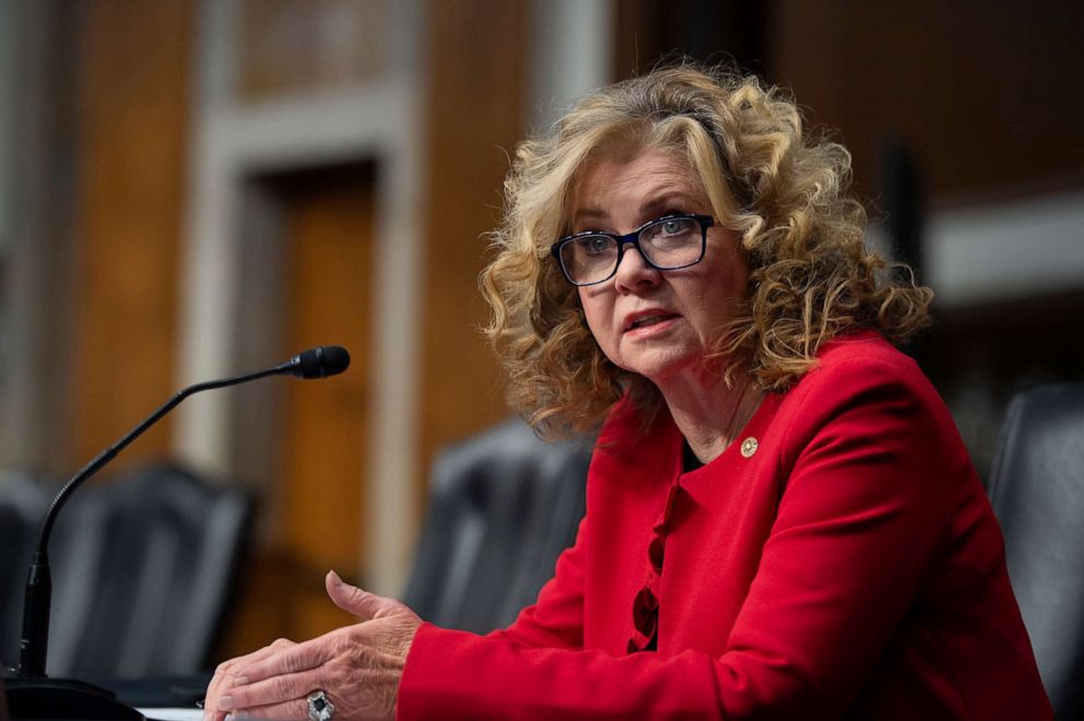 PHOTO: Sen. Marsha Blackburn speaks during a Senate Armed Services hearing at the Capitol, Feb. 15, 2022. 