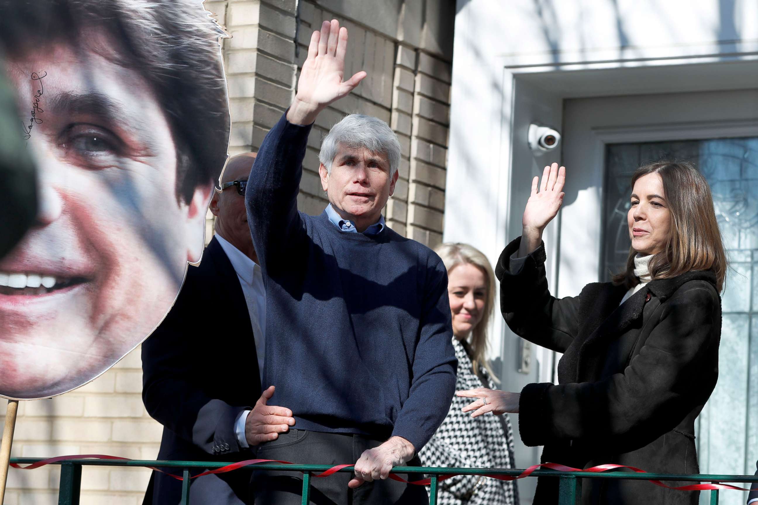 PHOTO: Former Illinois Gov. Rod Blagojevich and his wife Patti wave to supporters after a news conference outside his home, Feb. 19, 2020, in Chicago.