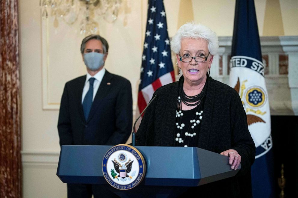 PHOTO: Gayle Smith speaks after Secretary of State Antony Blinken announced her appointment as the new State Department Coordinator for Global COVID Response and Health Security at the State Department in Washington, D.C., April 5, 2021.