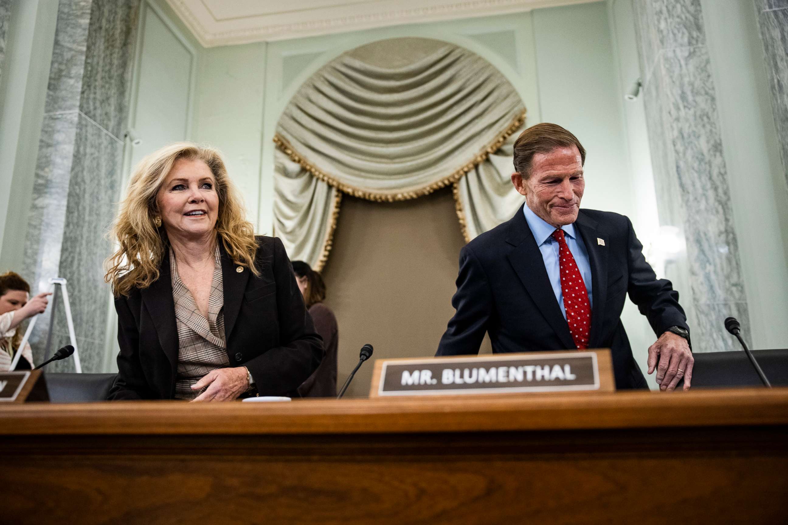 PHOTO: Committee Chairman Sen. Richard Blumenthal and Ranking Member Sen. Marsha Blackburn take their seats for a Senate Subcommittee on Consumer Protection, Oct. 26, 2021, in Washington, D.C. 