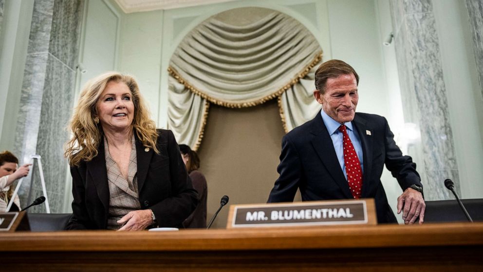 PHOTO: Committee Chairman Sen. Richard Blumenthal and Ranking Member Sen. Marsha Blackburn take their seats for a Senate Subcommittee on Consumer Protection, Oct. 26, 2021, in Washington, D.C.