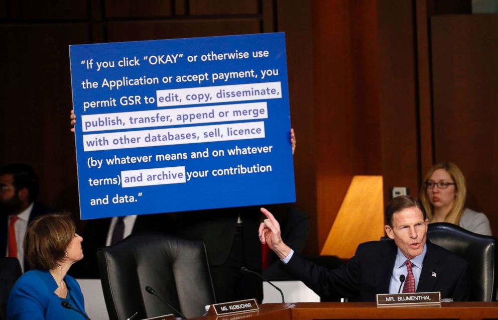 PHOTO: Sen. Richard Blumenthal, D-Conn., points to board as he questions Facebook CEO Mark Zuckerberg testifies before a joint hearing of the Commerce and Judiciary Committees on Capitol Hill, April 10, 2018.