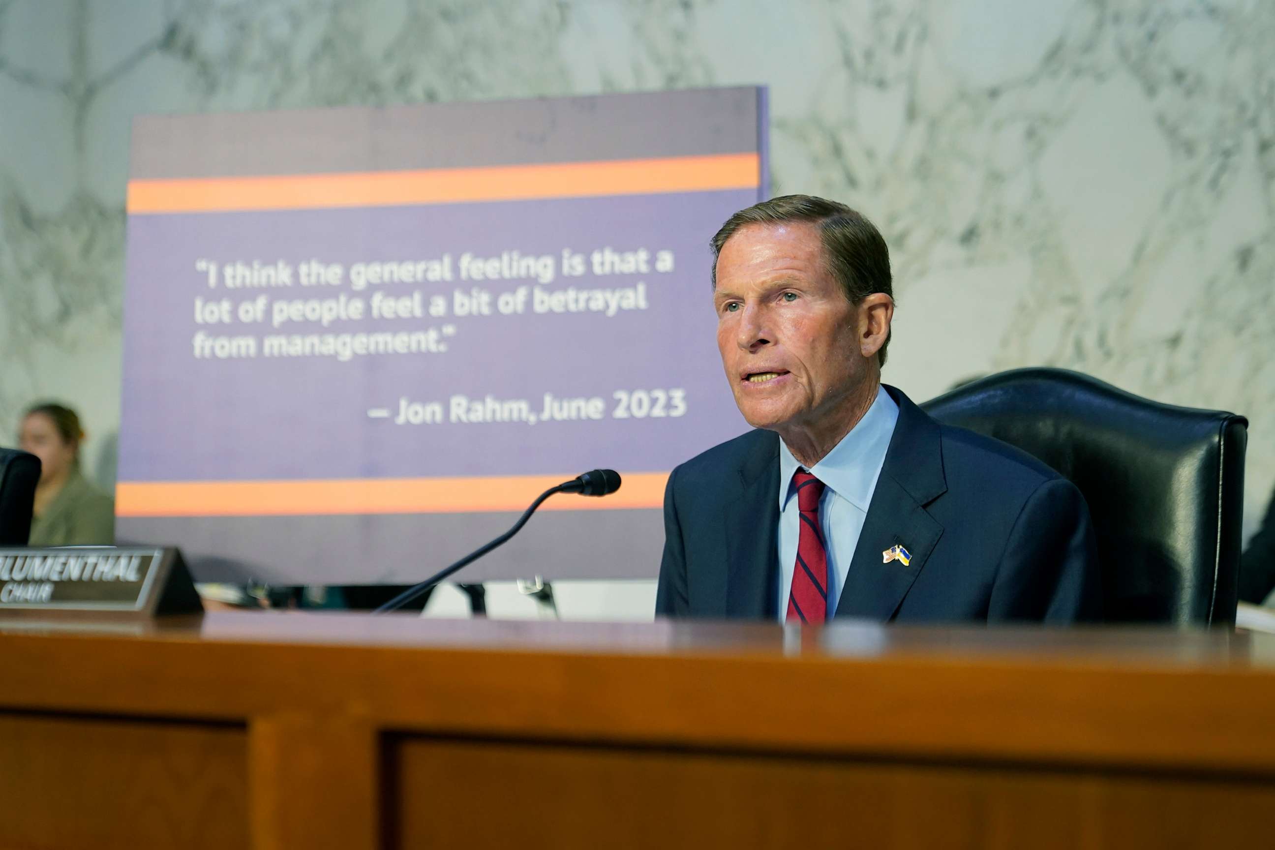 PHOTO: Sen. Richard Blumenthal speaks during a Senate Subcommittee on Investigations hearing on the proposed PGA Tour-LIV Golf partnership, July 11, 2023, on Capitol Hill.