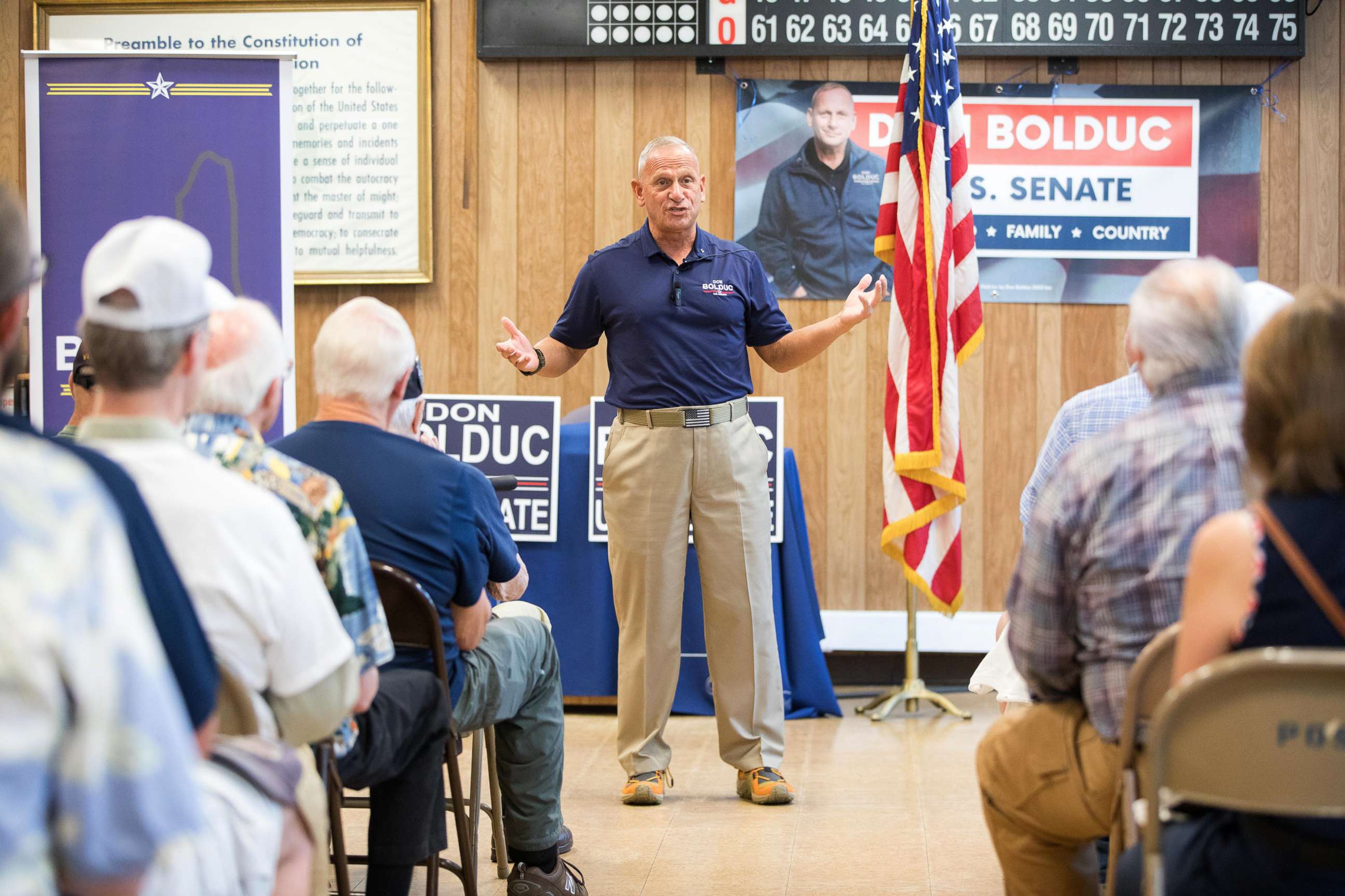 PHOTO: Republican Senate candidate Don Bolduc greets supporters at a town hall event, Sept. 10, 2022, in Laconia, N.H. 