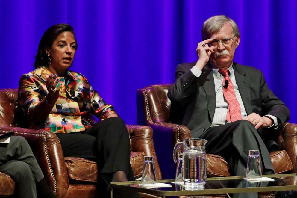 PHOTO: Former national security advisers Susan Rice, left, and John Bolton take part in a discussion on global leadership at Vanderbilt University Wednesday, Feb. 19, 2020, in Nashville, Tenn.