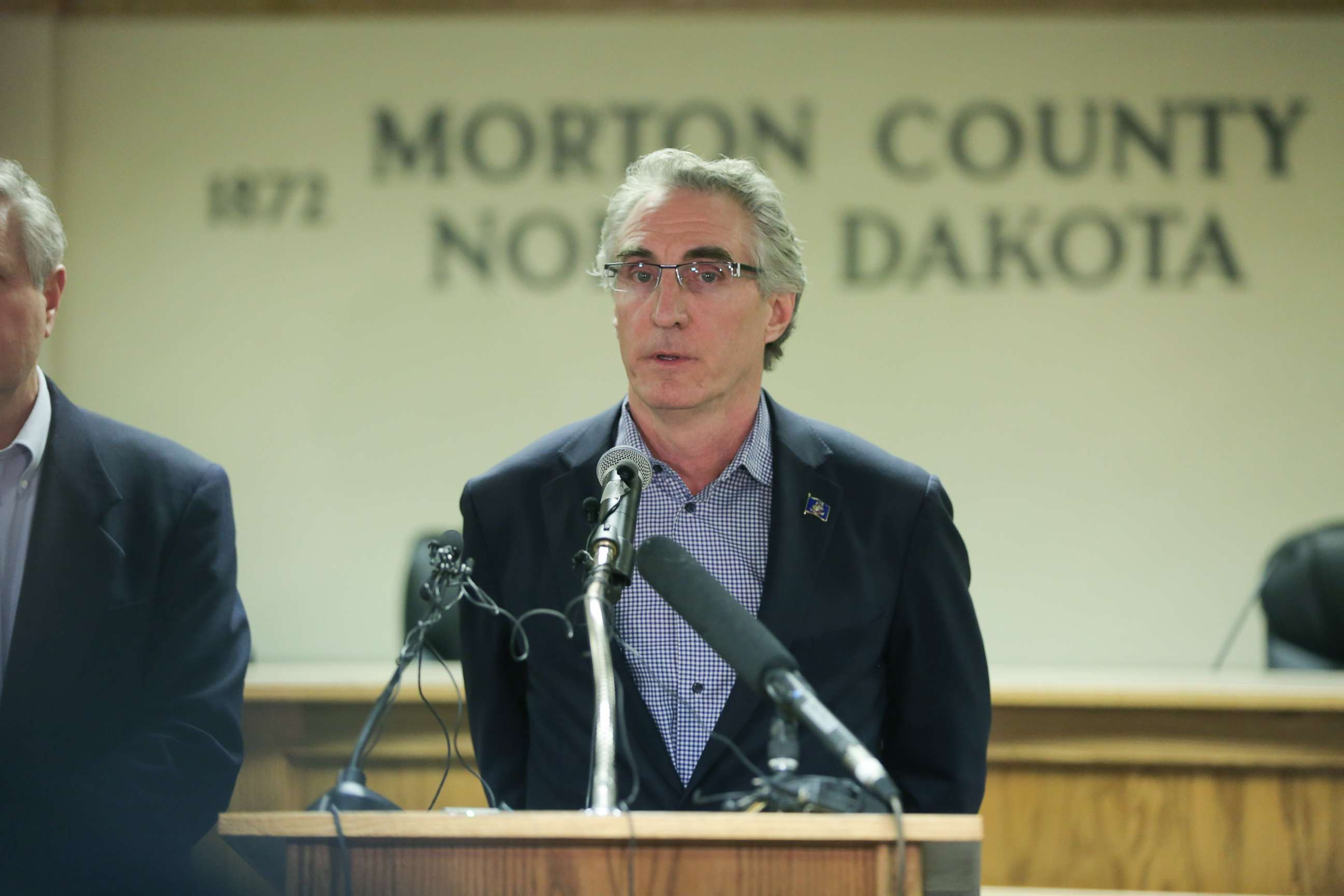 PHOTO: North Dakota Governor Doug Burgum speaks during a press conference announcing plans for the clean up of the Oceti Sakowin protest camp, Feb.22, 2017, in Mandan, N.D.