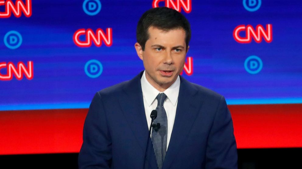 PHOTO: South Bend Mayor Pete Buttigieg participates in the first of two Democratic presidential primary debates, July 30, 2019, at the Fox Theatre in Detroit. 