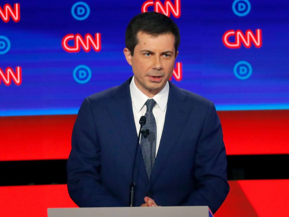 PHOTO: South Bend Mayor Pete Buttigieg participates in the first of two Democratic presidential primary debates, July 30, 2019, at the Fox Theatre in Detroit. 
