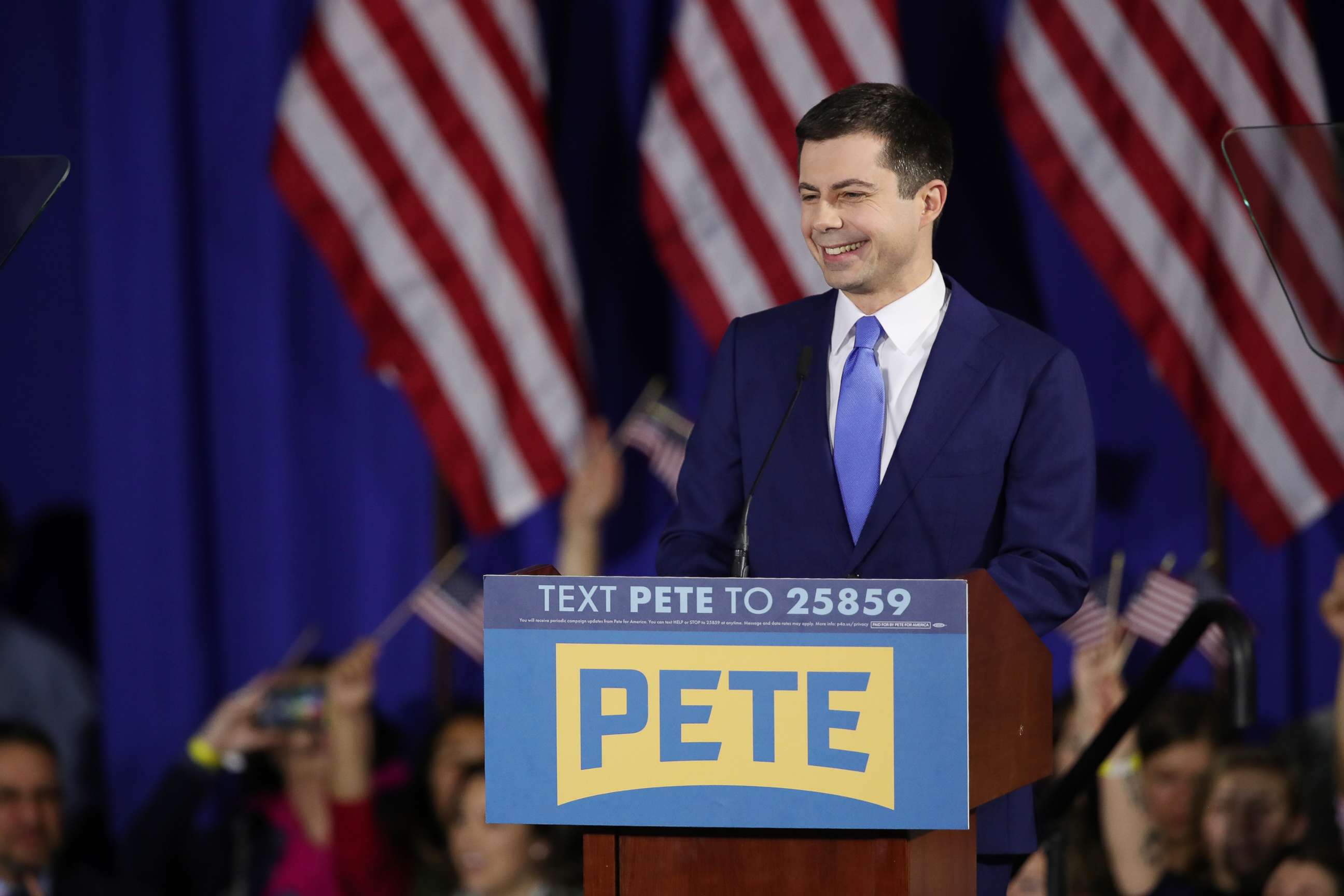 PHOTO: Democratic presidential candidate former South Bend, Indiana Mayor Pete Buttigieg speaks at his primary night watch party, Feb. 11, 2020, in Nashua, N.H. 