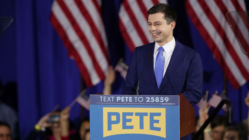 PHOTO: Democratic presidential candidate former South Bend, Indiana Mayor Pete Buttigieg speaks at his primary night watch party, Feb. 11, 2020, in Nashua, N.H. 