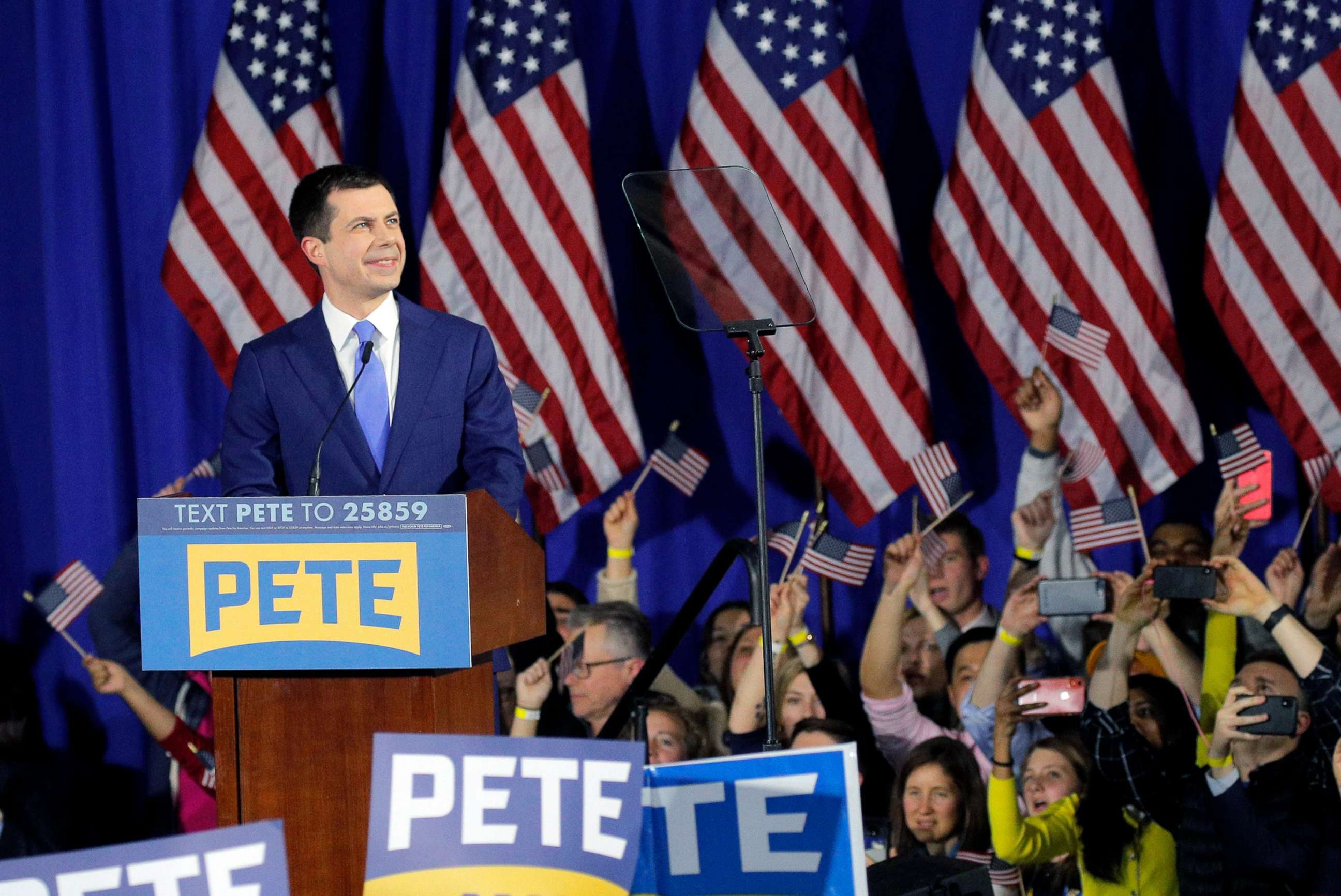 PHOTO: Democratic presidential candidate and former South Bend Mayor Pete Buttigieg speaks to supporters at his New Hampshire primary night rally in Nashua, N.H., Feb. 11, 2020. 