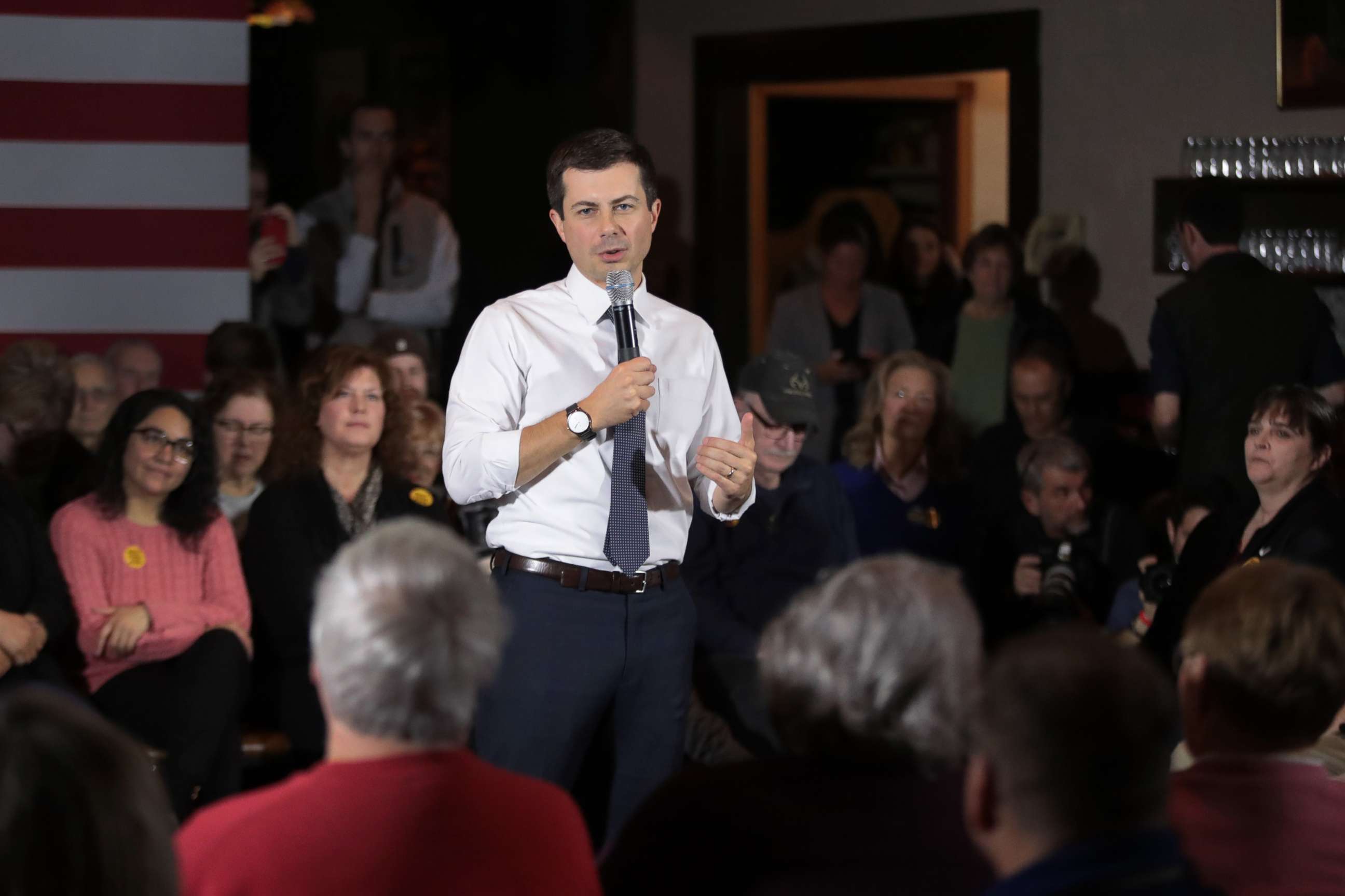 PHOTO: Democratic presidential candidate South Bend, Ind. Mayor Pete Buttigieg speaks to guests during a campaign stop at Cronk's restaurant, Nov. 26, 2019, in Denison, Iowa. 