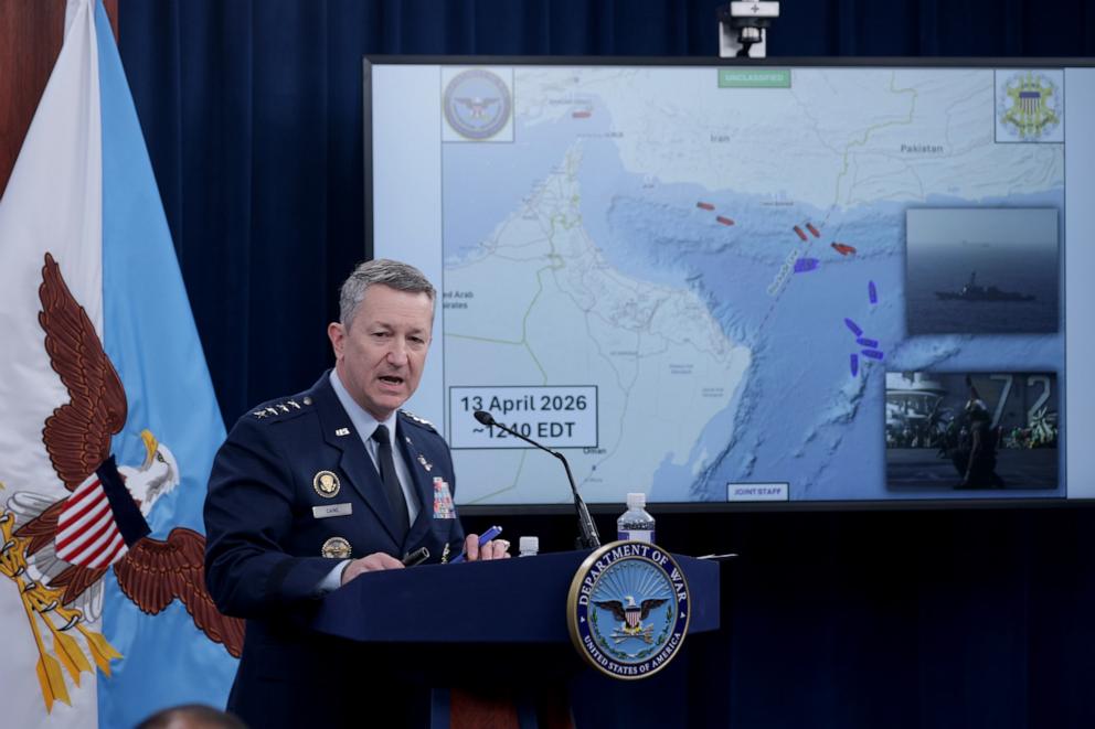 PHOTO: Chairman of the Joint Chiefs of Staff Gen. Dan Caine speaks as he displays a map showing the United States Navy's blockade of the Strait of Hormuz during a press briefing at the Pentagon on April 16, 2026 in Arlington, Virginia.