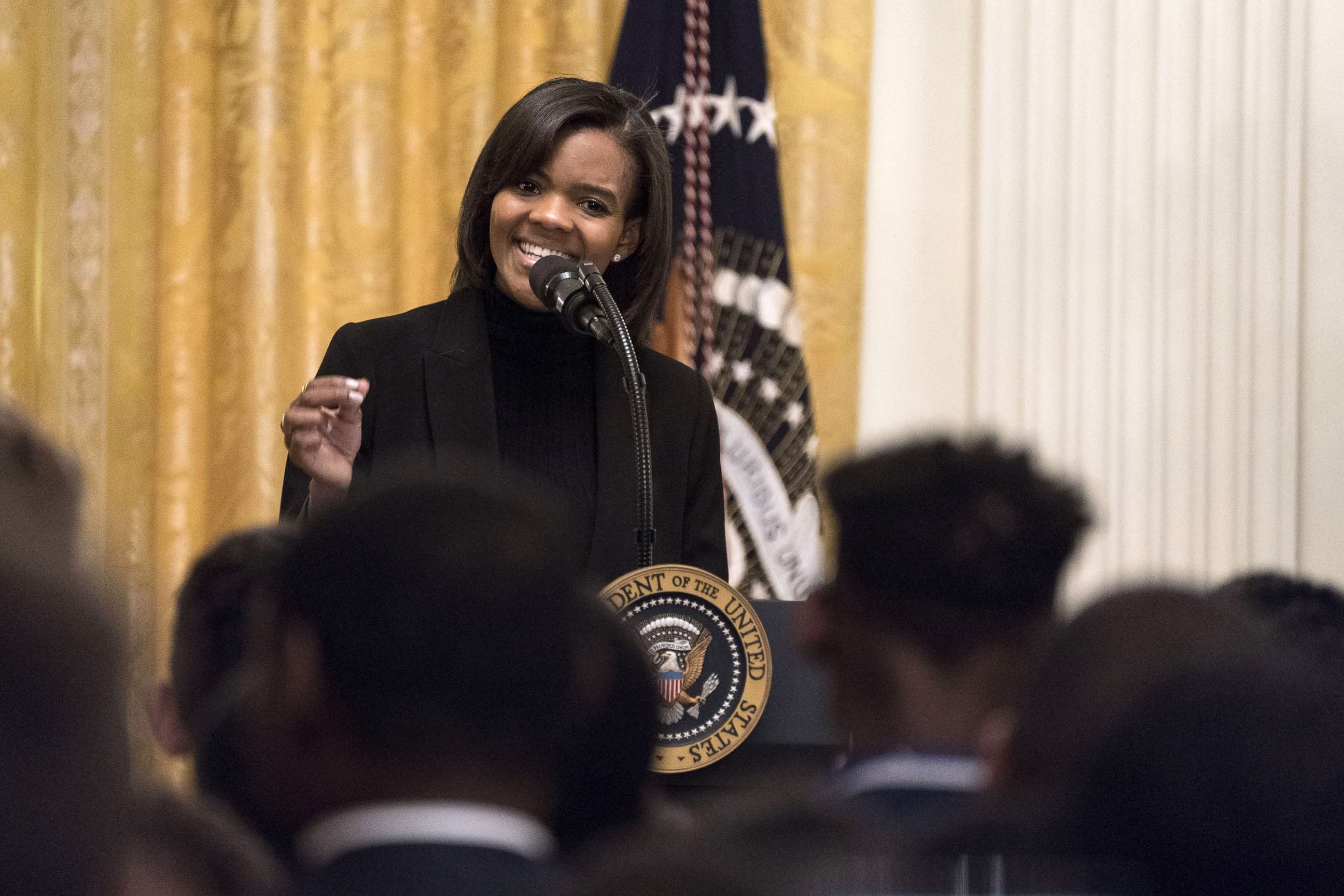 PHOTO: Political commentator Candace Owens introduces President Donald Trump, not pictured, during the Young Black Leadership Summit 2019 event in the East Room of the White House in Washington, D.C., Oct. 4, 2019. 