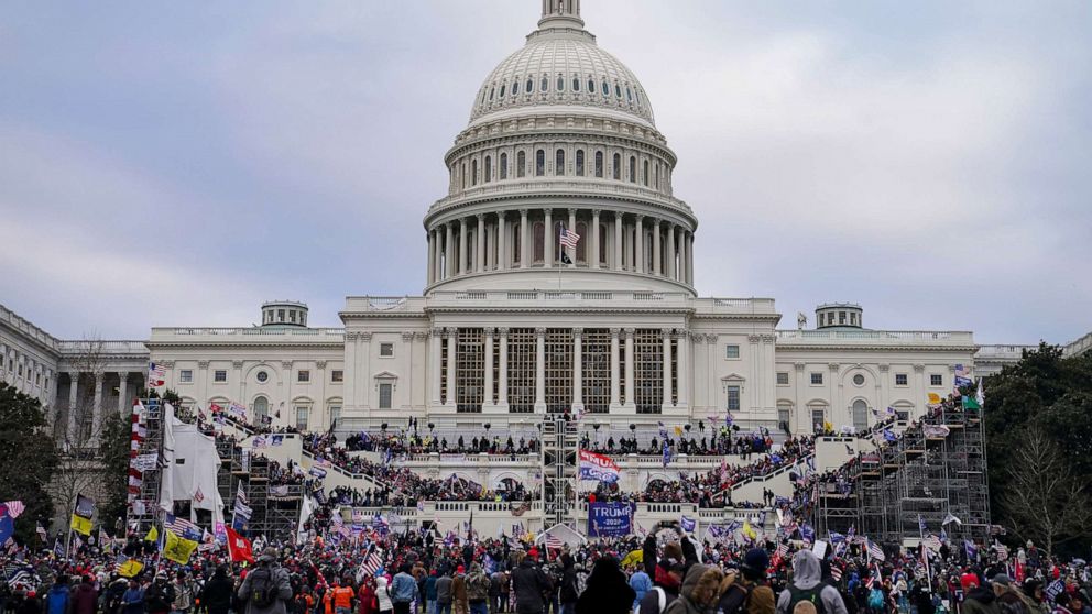 PHOTO: Insurrectionists loyal to President Donald Trump swarm the Capitol, Jan. 6, 2021.