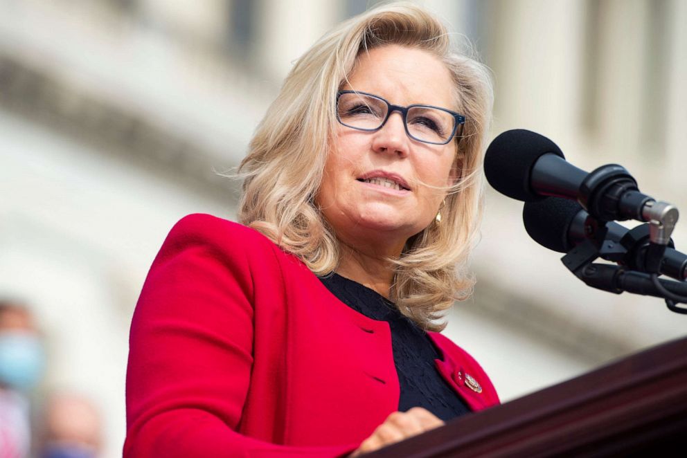 PHOTO: Republican Conference Chair Liz Cheney, R-Wyo., speaks during an event on the House steps of the Capitol to announce the Commitment to America, agenda, Sept. 15, 2020. 
