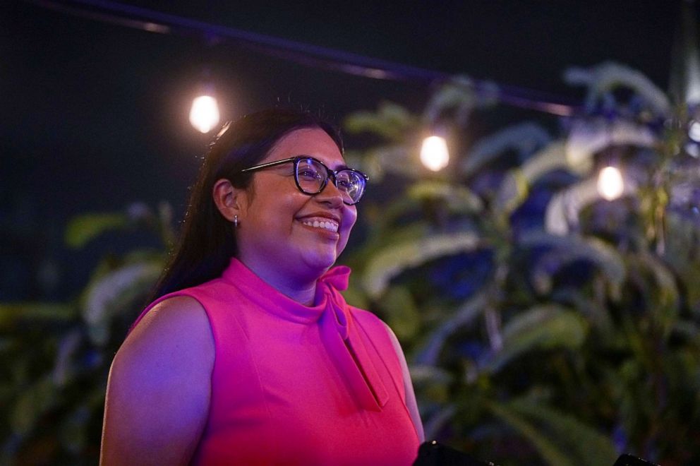 PHOTO: Progressive Democrat Jessica Cisneros addresses her watch party attendees during her primary election runoff with U.S. Representative Henry Cuellar in Laredo, Texas, May 24, 2022. 