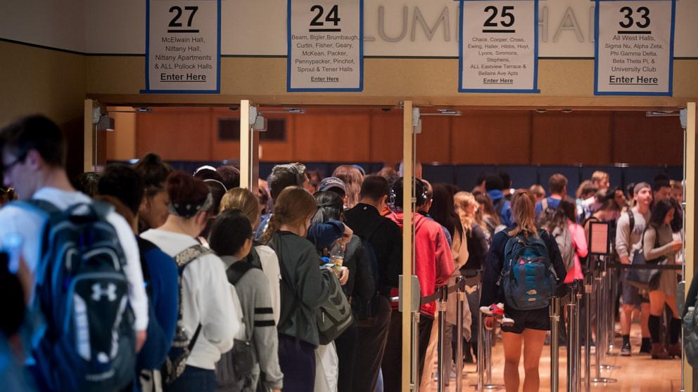 PHOTO: Penn State students stand in line inside the Student Union, called The Hub, waiting to cast their ballots in the presidential election in State College, Penn., Nov. 8, 2016.