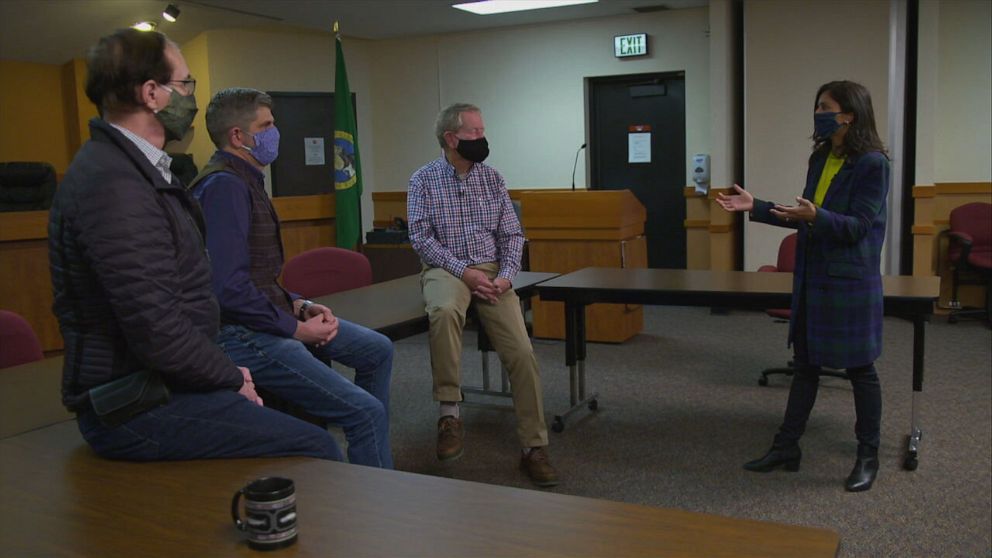 PHOTO: Democrat, Republican & Independent Commsioners of Clallam County, WA talk to ABC News Correspondent Zohreen Shah about why county always seems to choose Presidential winner.