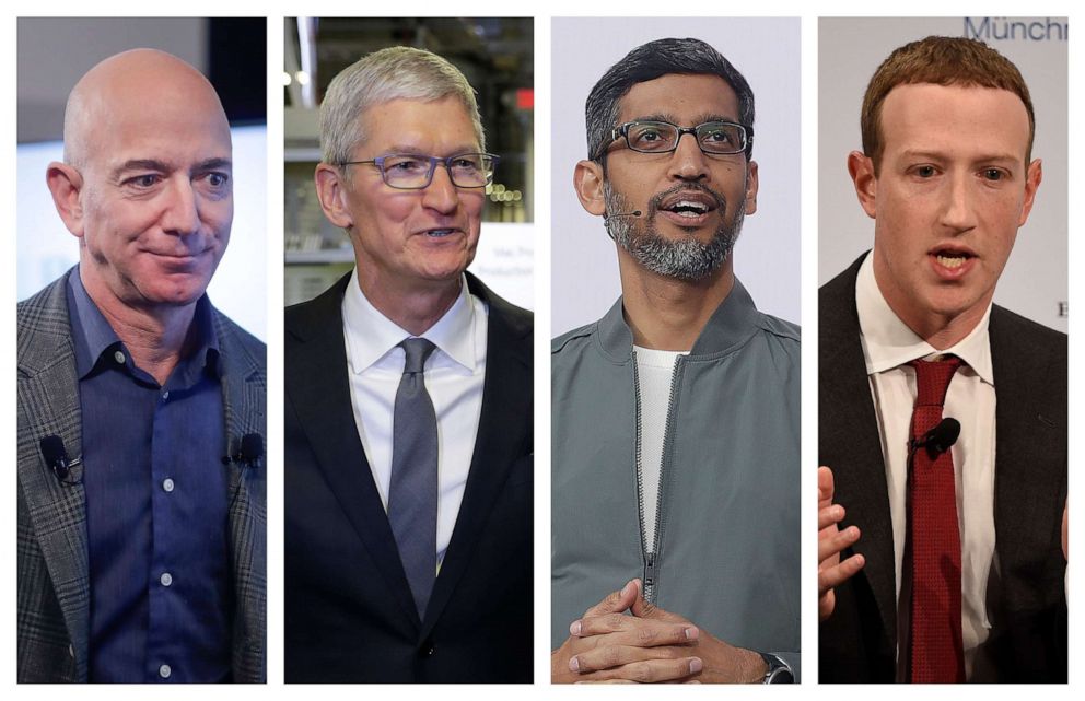 PHOTO: Amazon CEO Jeff Bezos, Apple CEO Tim Cook, Google CEO Sundar Pichai and Facebook CEO Mark Zuckerberg. 